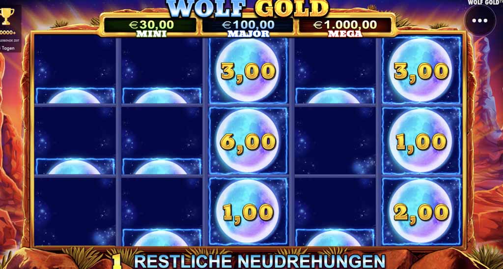 Wolf Gold Slot Geld-Re-Spins Bonusfunktion mit Geld-Symbolen